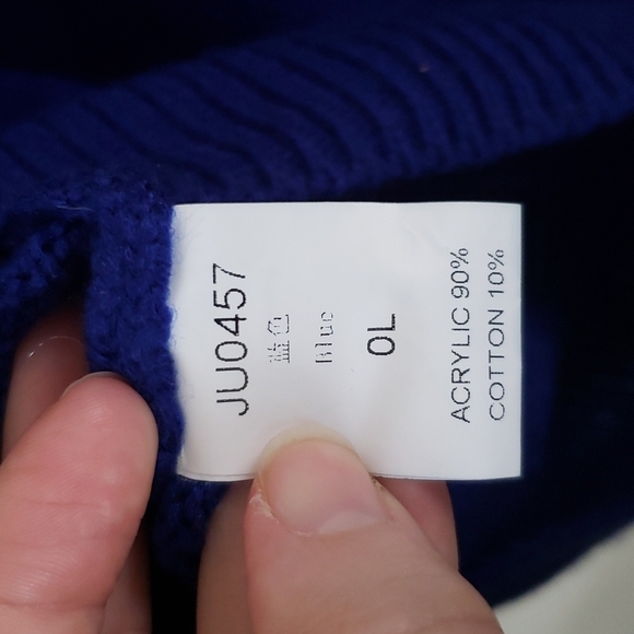 Chunky blue low back balloon sleeve sweater, long, loose crew neck, large - Picture 6 of 8